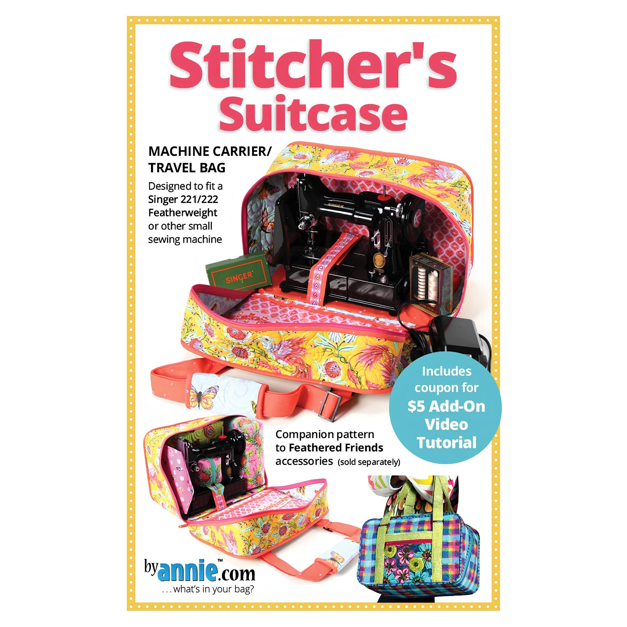 Product packaging for 'Stitcher's Suitcase' machine carrier/travel bag with sewing machine inside, featuring colorful design and text.