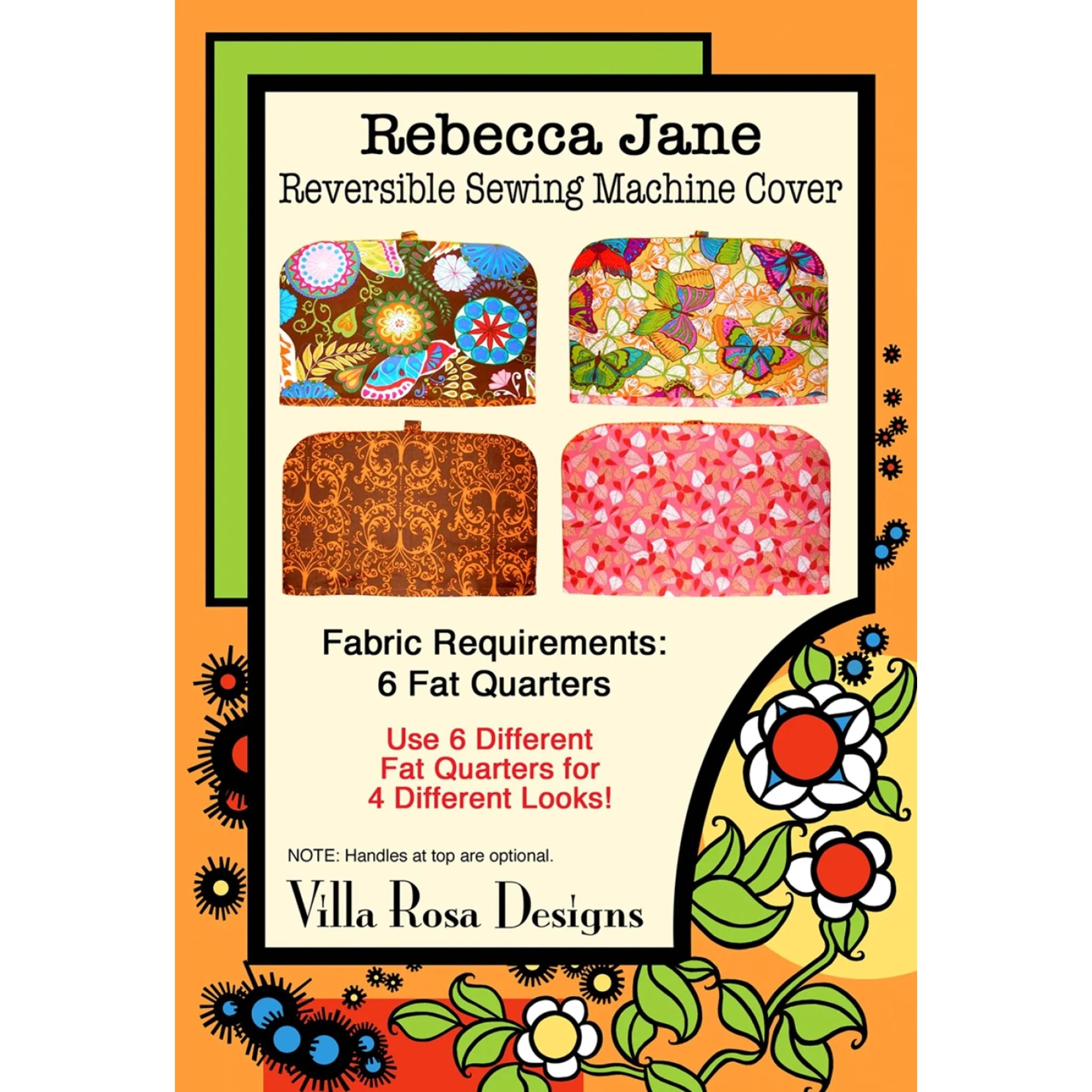 A sewing pattern cover for a reversible sewing machine by Rebecca Jane, from Villa Rosa Designs. The cover features four fabric pattern options shown in square insets, including colorful floral, paisley, and pink floral designs.