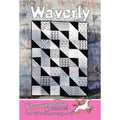 A quilt pattern cover titled 'Waverly' showing a geometric patchwork quilt with black, white, gray, and light pink patterned blocks. The cover has a distressed blue-gray background and a pink footer with the brand 'Running Doe Quilts' and a unicorn logo.