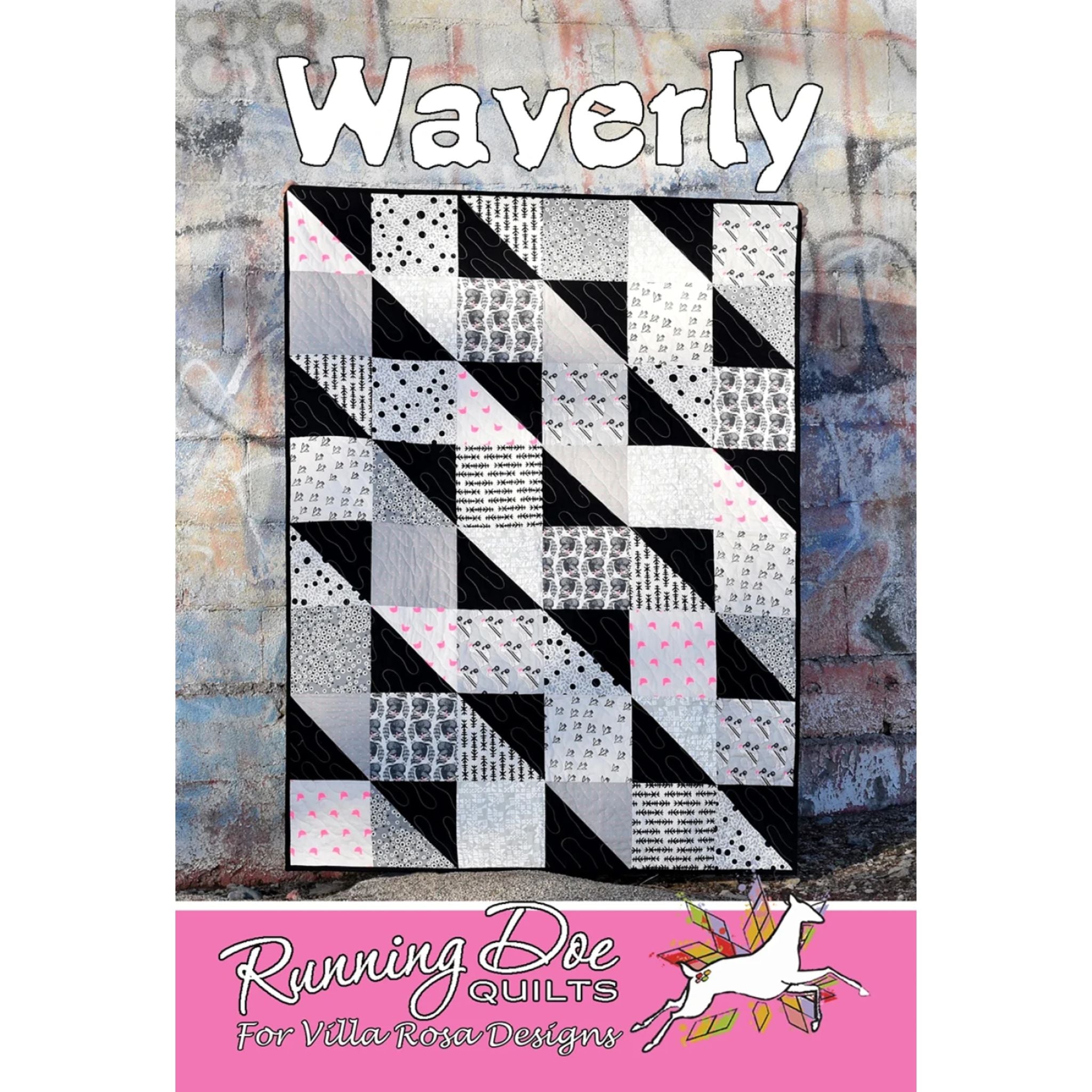 A quilt pattern cover titled 'Waverly' showing a geometric patchwork quilt with black, white, gray, and light pink patterned blocks. The cover has a distressed blue-gray background and a pink footer with the brand 'Running Doe Quilts' and a unicorn logo.