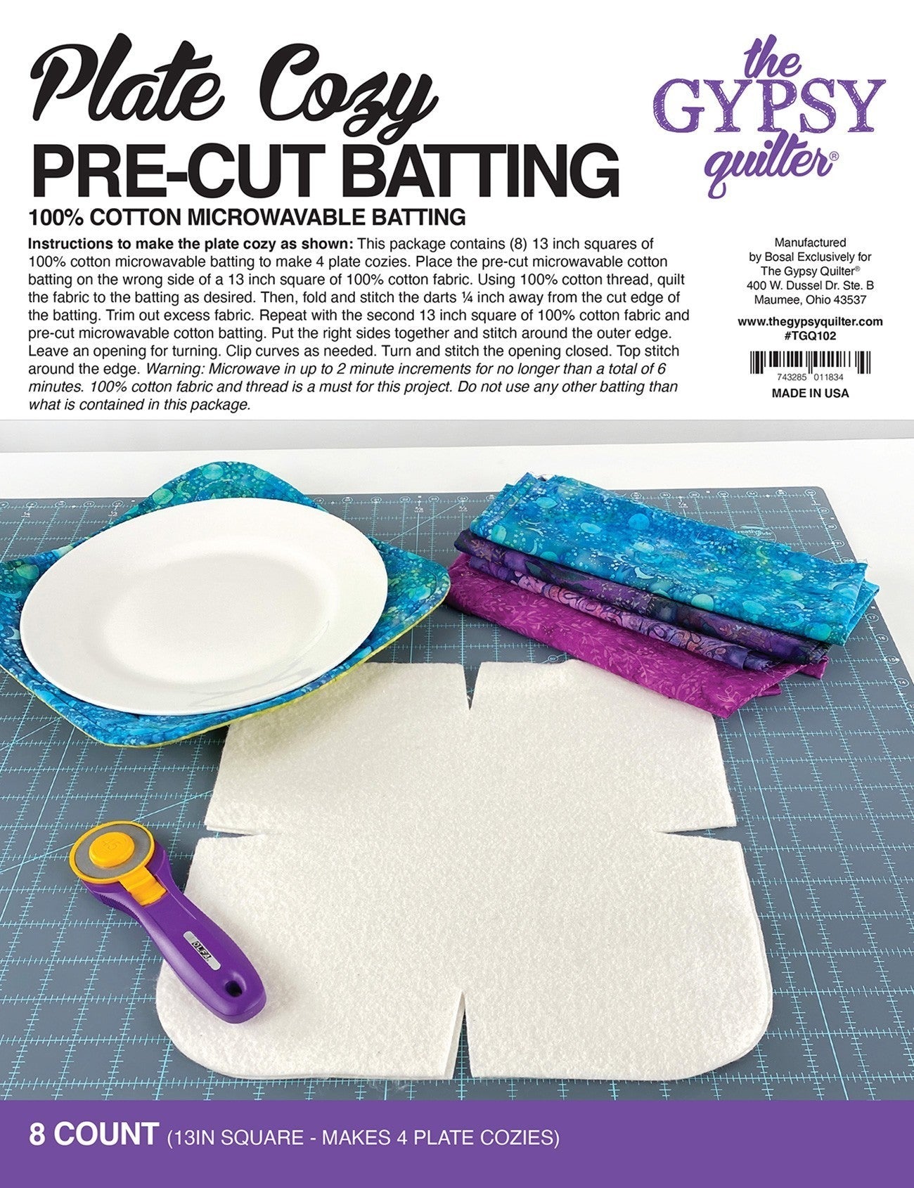 Plate Cozy  Pre-Cut Batting 8ct (13in Square - Makes 4 plate cozies)