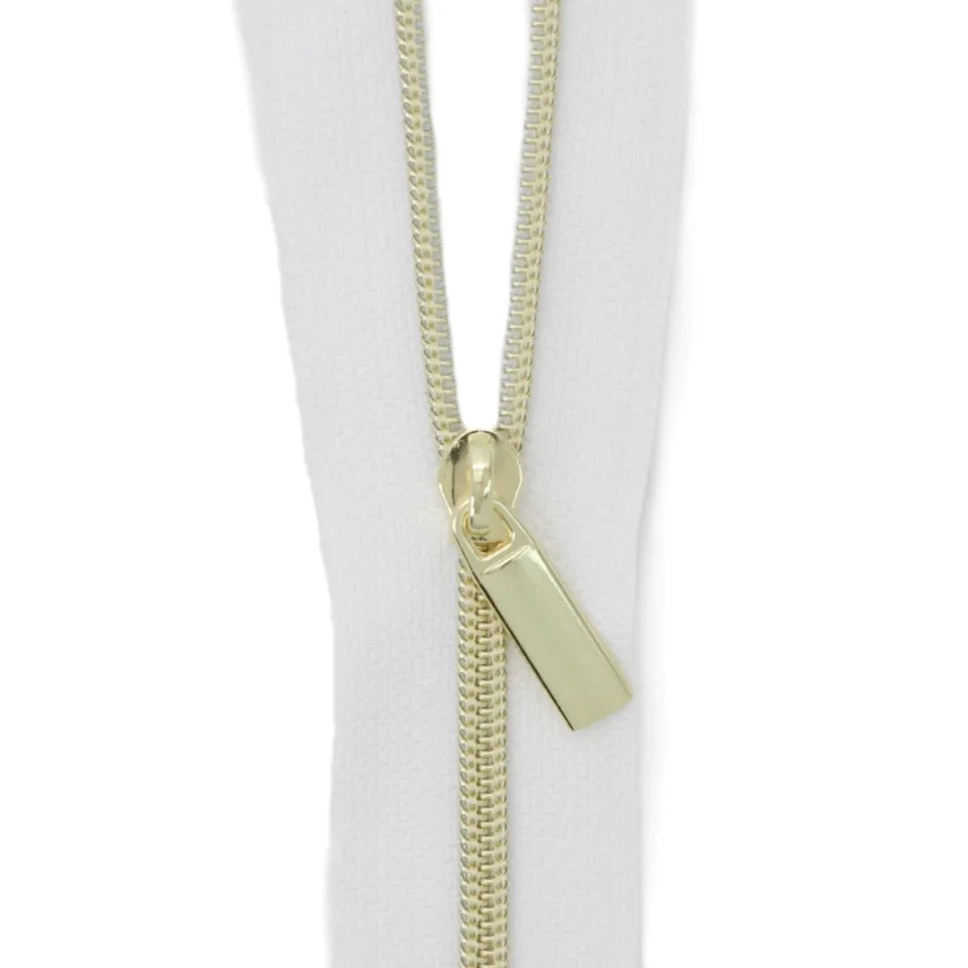 White Nylon Coil Zipper #3 - Gold Finish